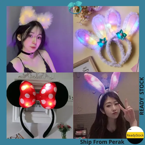 AIDA LED Headband Disney Cartoon Stella Rabbit Mickey Ribbon Korean Cute Ins Hairband Girl LED Wreath
