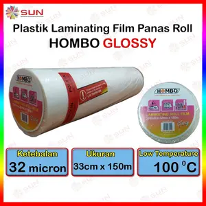 Plastik Laminating Panas Roll Hombo 32 micron / GKTech 28 mic/21mic 33 cm x 150 m Glossy / Doff Low Temperature / XCP 21 mic ( untuk mesin Laminating laminasi panas roll )