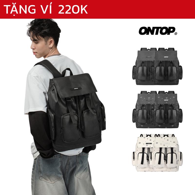 Balo local brand da nắp gập ONTOP chống nước nhiều ngăn màu đen kem đựng vừa laptop Level Backpack | O-P26 & O-P73
