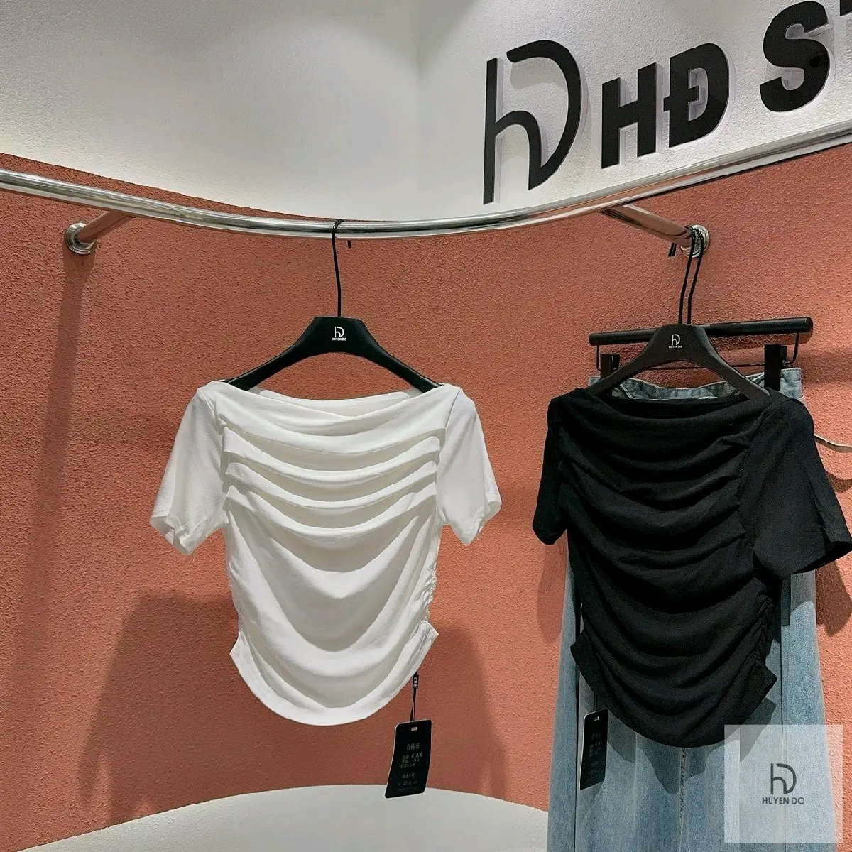 Áo thun kiểu  bêt vai borip co gian 4 chieu 40kg-57kg Women Nhung Top Voi Shirt Đen
