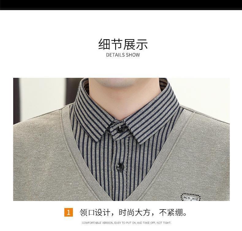 Product Introduction of 2024 Winter Fleece-lined Thickened Integral Velvet Sweater Men's False Two Pieces Knitted Sweater Youth Pu Handsome Men's Shirt Nam Slipper 24