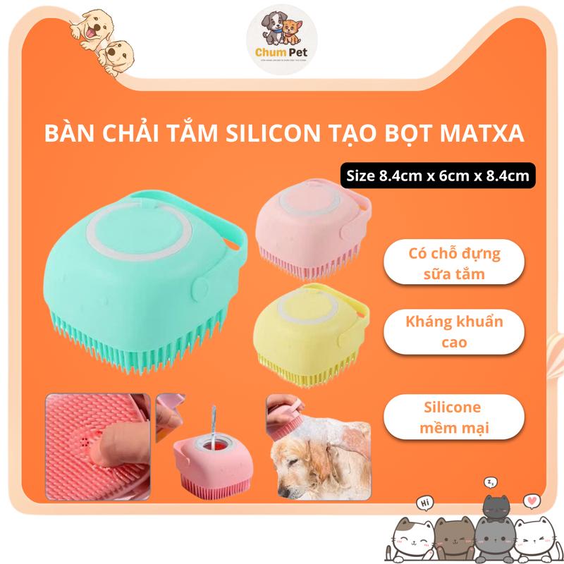 ￼Bàn chải tắm silicon tạo bọt matxa có chỗ đựng sữa tắm cho thú cưng, Bông tắm cao cấp cho chó mèo kháng khuẩn cao