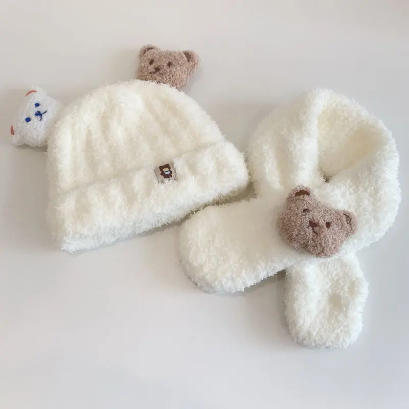 Mũ Trẻ Em Bé Nhồi Bông Hình Gấu, Bộ Một Và Hai Mảnh, Khăn Quàng Cổ Mũ Mùa Thu Và Mùa Đông, Khăn Quàng Cổ, Ấm Áp Cho Trẻ Em, Mũ Bịt Tai, Siêu Dễ Thương, Năm 2025 Sợi Tre