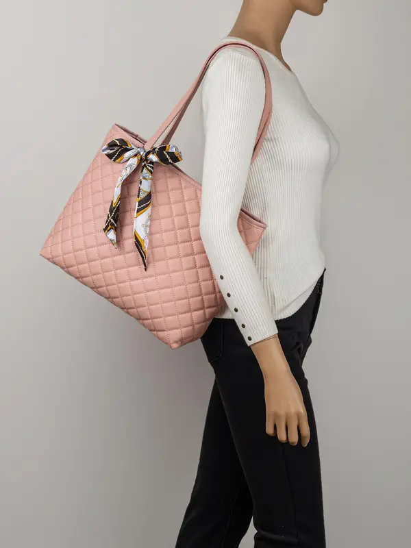 Summer 2025 Rhombus Quilted Lux Bag Set, Travel Essentials for Women,  Gifts for Girlfriend, Scarf Bow Decor Shoulder Bag & Crossbody Bag & Cute Plush Handbags & Wristlet Wallet & Crossbody Bag, Work Bag 5