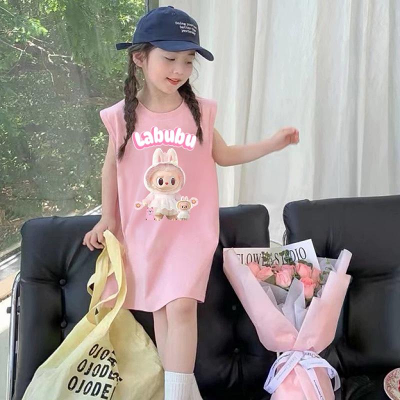 Váy Xuông bé gái thun in hình LABUBU 5D, Đầm xuông sát nách xinh xắn cho bé gái từ 10 - 45 kg có thể giặt máy Vải Cotton đầm công chúa váy elsa