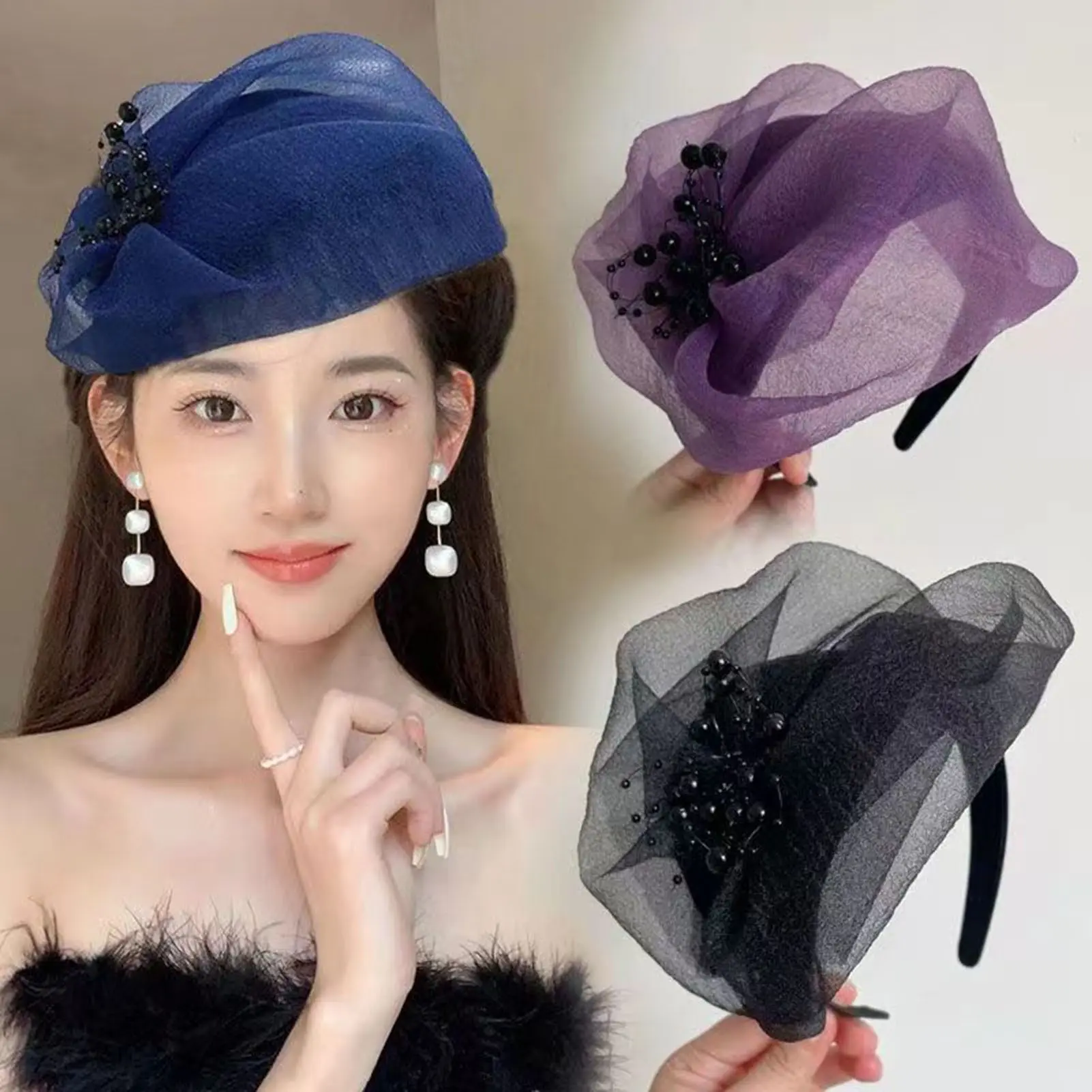 Băng Đô Cài Tóc, Phong Cách Cổ Điển Dành Cho Nữ, Mũ Đội Đầu Đám Cưới, Với Trang Trí Lưới Hạt, Bờm Tóc Nâng Cao, Băng Đô Dạ Hội Phong Cách Pháp