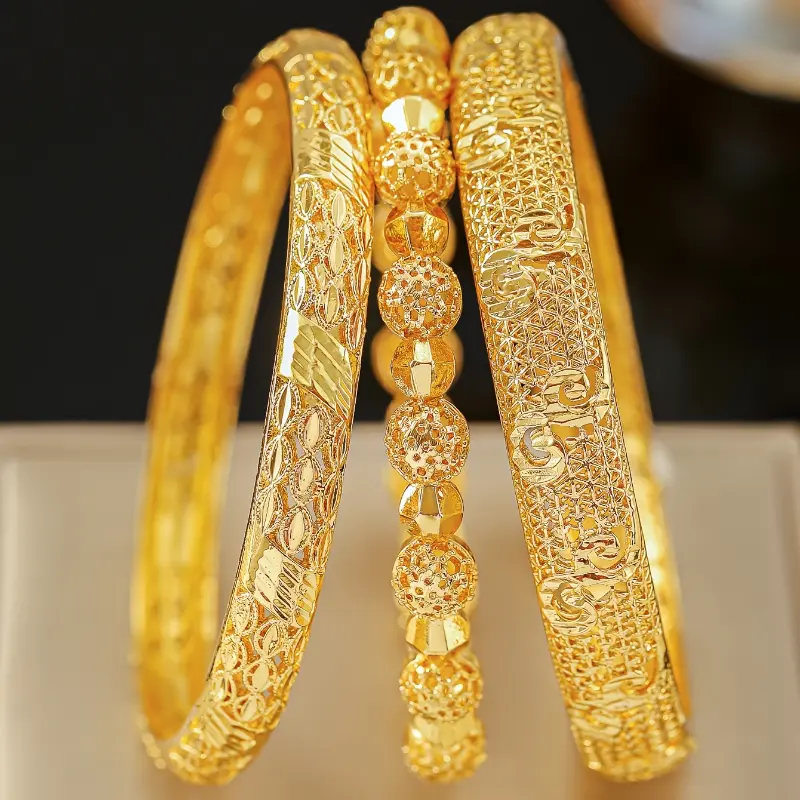 3pcs set of Middle East Dubai jewelry for brides, luxurious national style Golden-plated bracelets, African Ethiopian Women's wedding bracelet sets suitable daily wear by women, all-season accessories mother's day gift 8