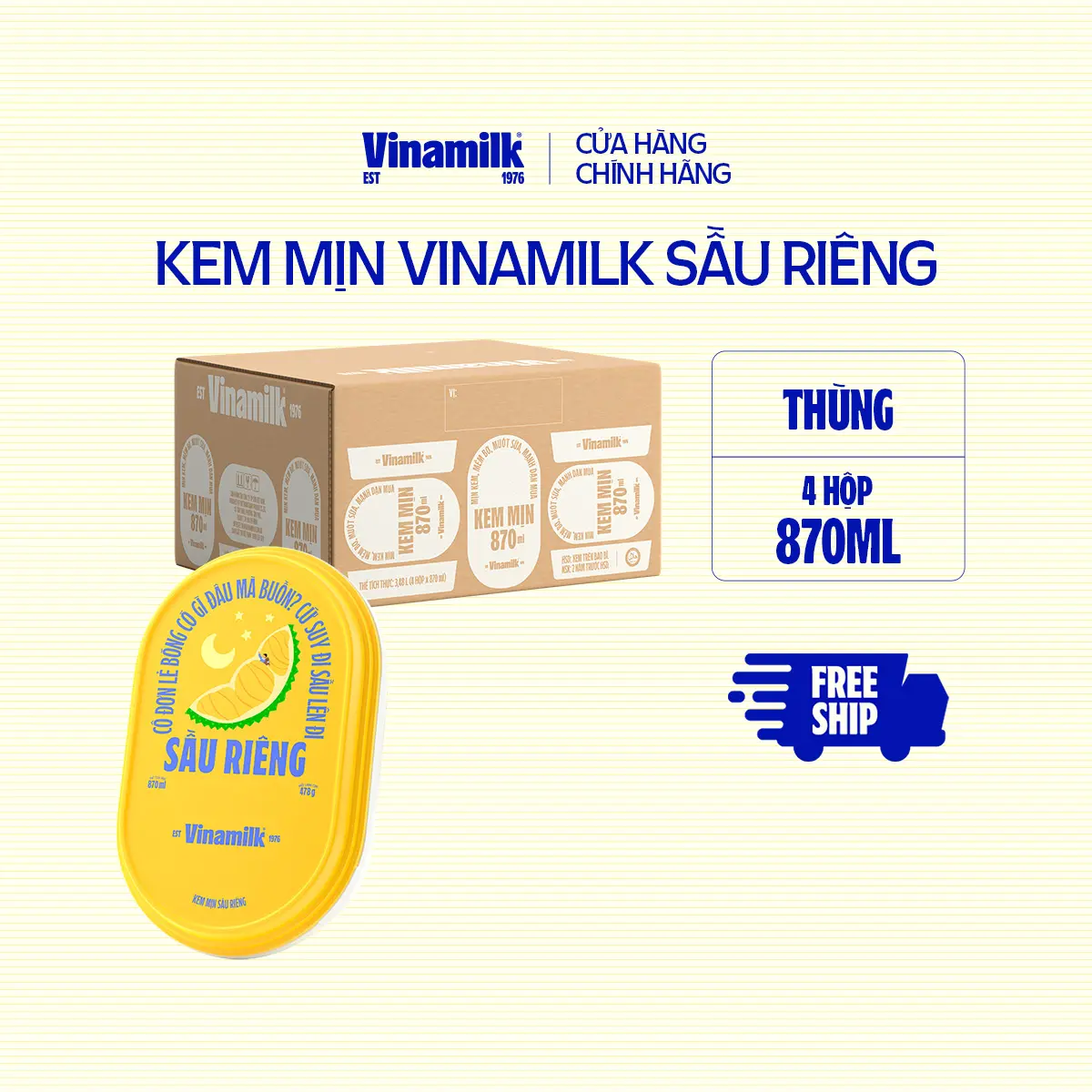 [CHỈ GIAO THÀNH PHỐ LỚN BÁN KÍNH 10KM] Thùng 4 hộp Kem mịn Sầu riêng hộp 870ml