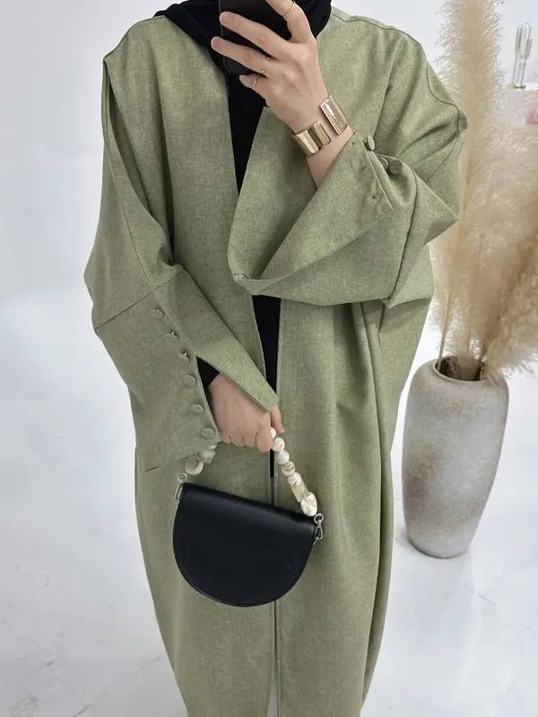 Women's Solid Fake Buttons Split Sleeve Abaya without Hijab, Elegant Modest Comfort Basic Minimalist Long Sleeve Open Front Arabic Clothing, Women's Islamic Clothing, Ladies Clothes for All Seasons 6
