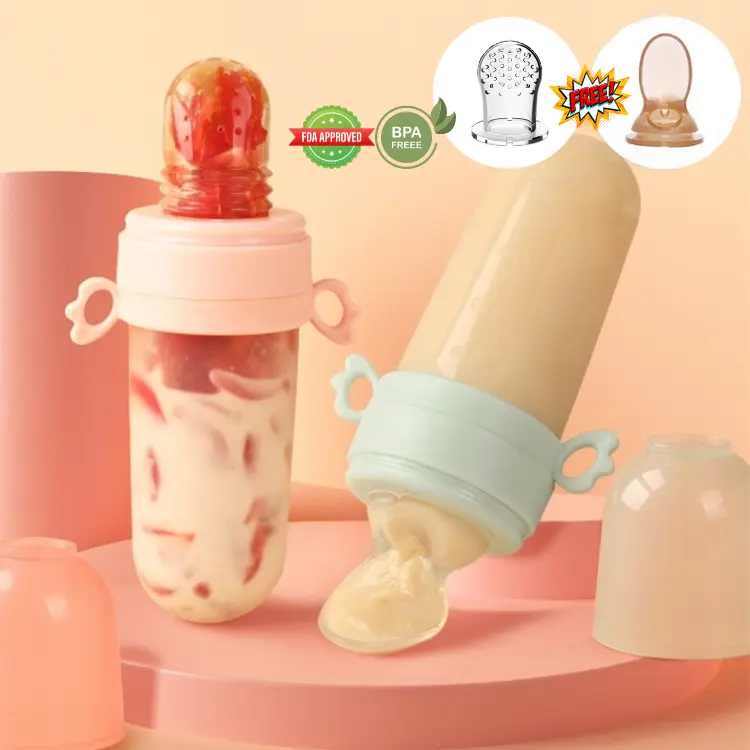 2IN1 Baby Food Squeeze Feeder With Spoon Sudu Bubur Bayi Fruit Feeder Silicone Squeezing Feeding Bottle Porridge Milk Nursing Getah Cartoon