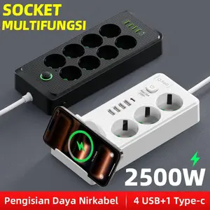 Stop Kontak Listrik 2500W 2 Meter 3 Colokan + 4 USB + Type-C Multifungsi Pengisian Daya Nirkabel Hitam Putih Tembaga 230V 13A Garansi 12 Bulan