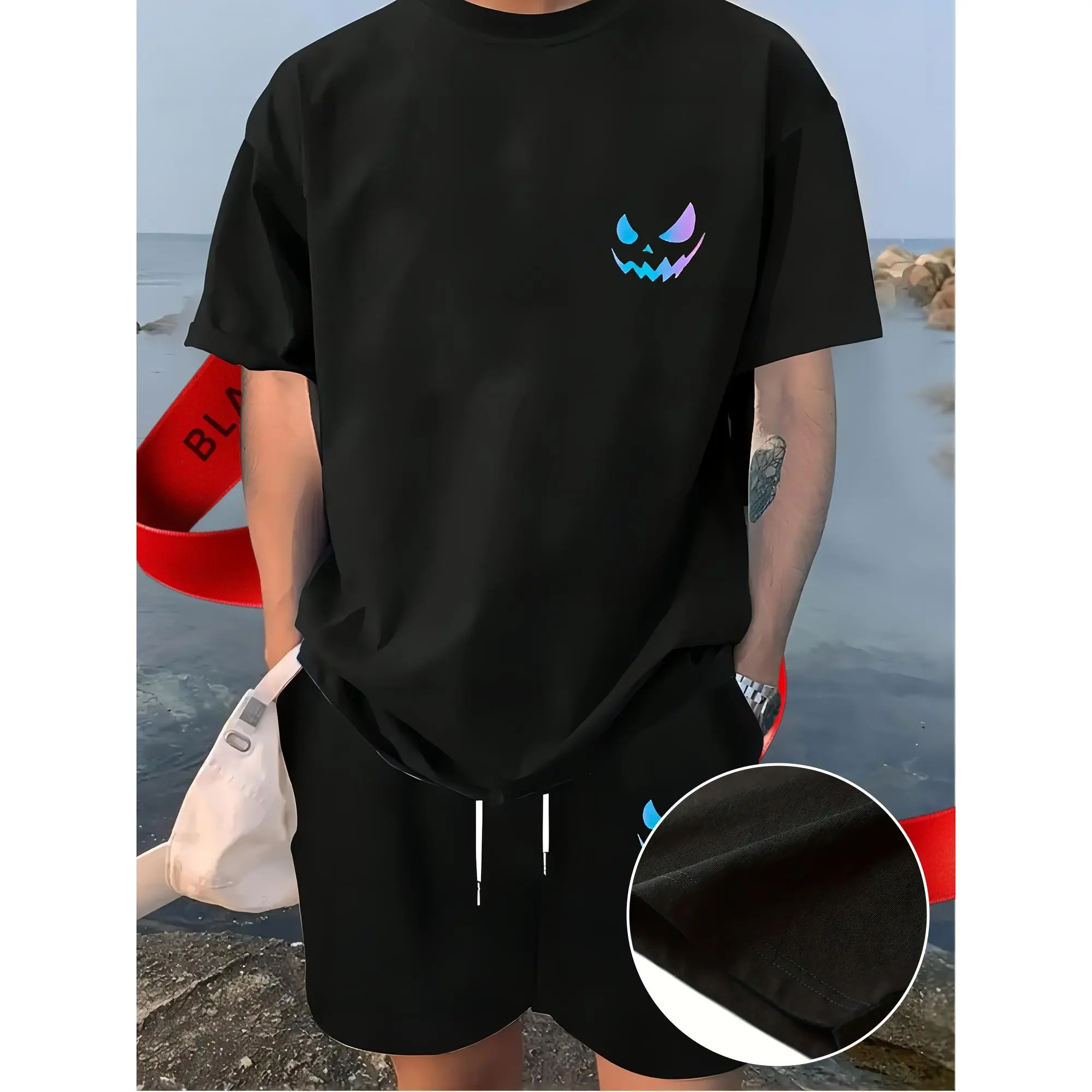 Popular Fluorescent Color Design Happy Expression Pattern Printing, Men's Summer Casual Outfits, Short Sleeve T-shirt And Sport Shorts Set, Fashionable Comfortable Breathable Regular Fit Round Neck Relaxed Style Sweatsuits In Summer