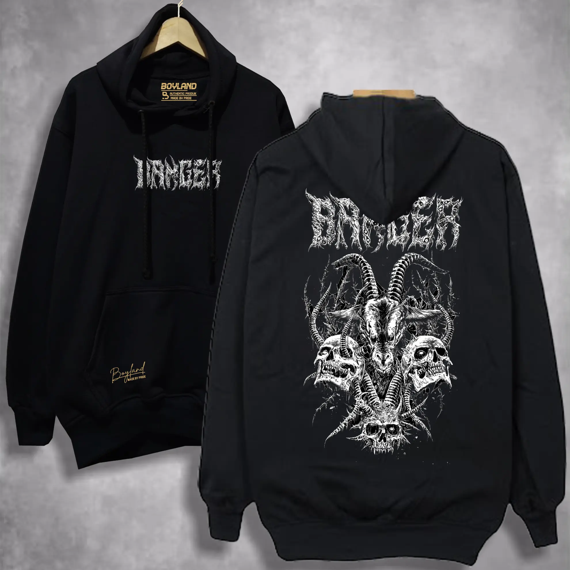 BoyLand Hoodie Musik Band Metal BANGER Unisex Cowok Cewek Fleece Sweater Cowo Oblong Basic Casual Authentic Distro Motif Sablon Warna Hitam Tangan Panjang Bahan Fleece Tebal Lembut Santai dan nyaman Unisex Pria Wanita Keren Lokal Garis Jumper Bulu Bulat B