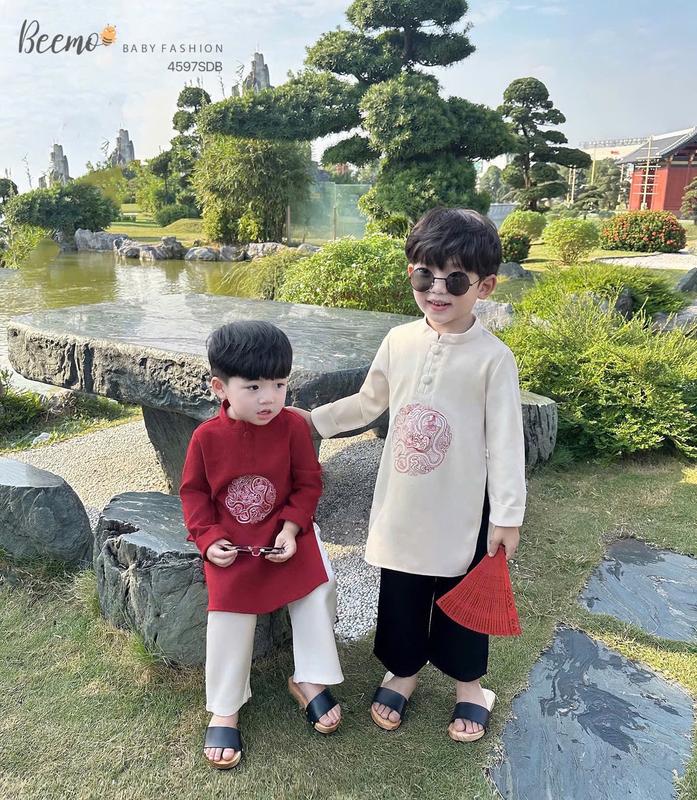 Set bộ áo dài thiên long Beemo vải nhung mềm cho bé trai mặc sự kiện tết chụp hình 4597SDB