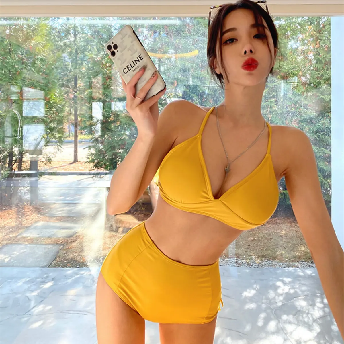Jomin Promotional Sales Korean Simply Style Vest Split Bikini Halter Strap High Waist Two Pieces Swimsuit