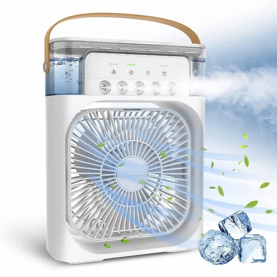 Quạt Phun Sương Mini Có Khay Chứa Đá 600ml , Điều Hoà Phun Sương Tạo Ẩm Làm Mát Kiêm Đèn Ngủ Có Chế Độ Hẹn Giờ Phụ Kiện
