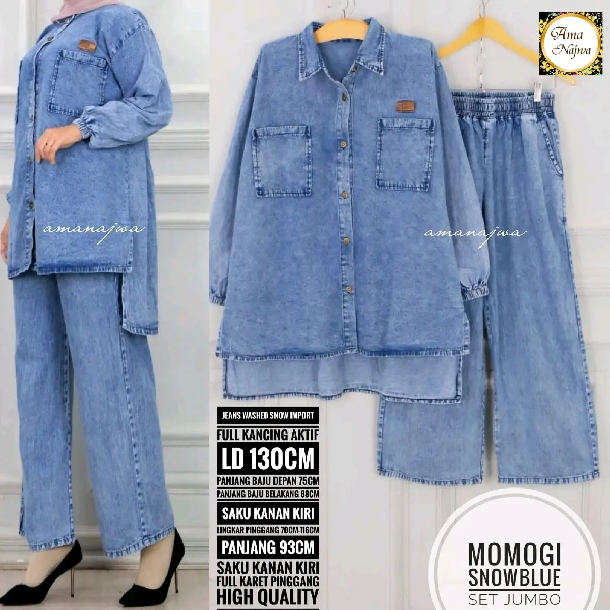Baju setelan wanita jeans snow size super jumbo 3XL Kancing Celana Karet Nyaman Panjang