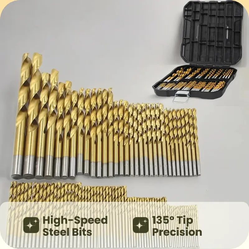 Titanium Twist Drill Bit Set, 135° Tip High Speed Steel Bit Kit, 1.5-10mm Woodworking Drill Bit Set with Storage Box, Suitable for Wood Plastic Fiberglass, Metal Bits, Tool Accessories, Power Tools 1
