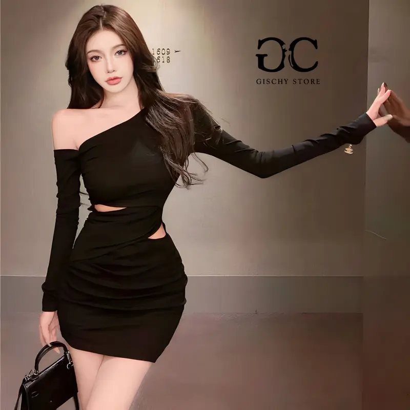 GISCHY-GC02-Váy Đầm Body Nữ  GYSCHY Thiết Kế Lệch Vai Khoét Eo Dáng Ôm Thời Trang Quyến Rũ Màu Đen Women Dress Khuy 3