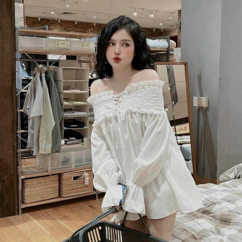 Áo trễ vai bo chun buộc nơ dáng dài babydoll Nữ Top