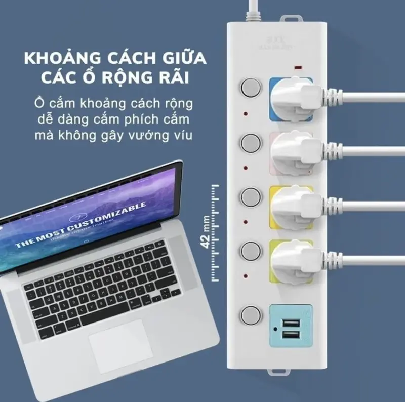 Ổ Cắm Điện Đa Năng Chịu Tải 2500W Dây Dài 4M Ổ Cắm Điện Thông Minh 2 Cổng Cắm USB Chốt Chống Giật An Toàn 3