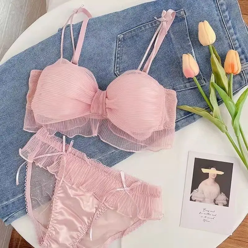 [5631 Positive Reviews] Japanese Sweet Style Bra Set for Women with Small Busts, Push-Up, Wireless, Side Support, Anti-Sagging, Pure Desire Girl Style Bra Set