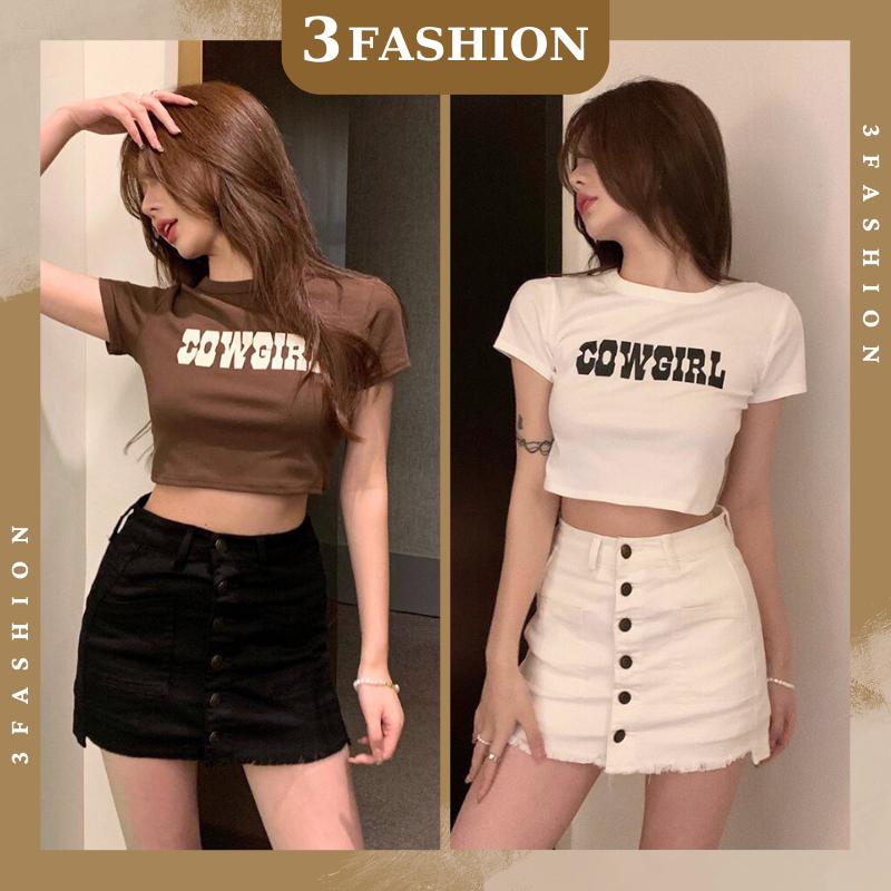 Áo croptop nữ ôm body có bigsize, áo croptop COWGIRL tay ngắn cổ tròn vải thun đẹp mát - 3FASHION A43 Women