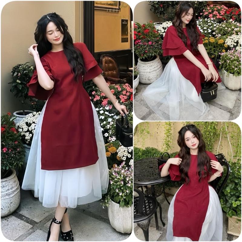 Product Introduction of Sét Áo Dài Cách Tân Nhung Tăm Mặc Tết 2025 Gồm Áo Dài Nhung Tay Xoè + Chân Váy Xoè Dài Nữ Women Dress Đỏtop 2025top 10