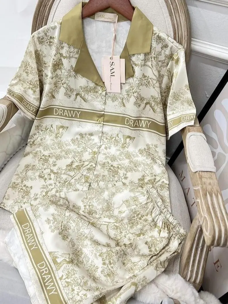 Bộ Đồ Pijama Nữ Chất Lụa Xước Drawy Bộ Đùi PTN13 bộ  pijama