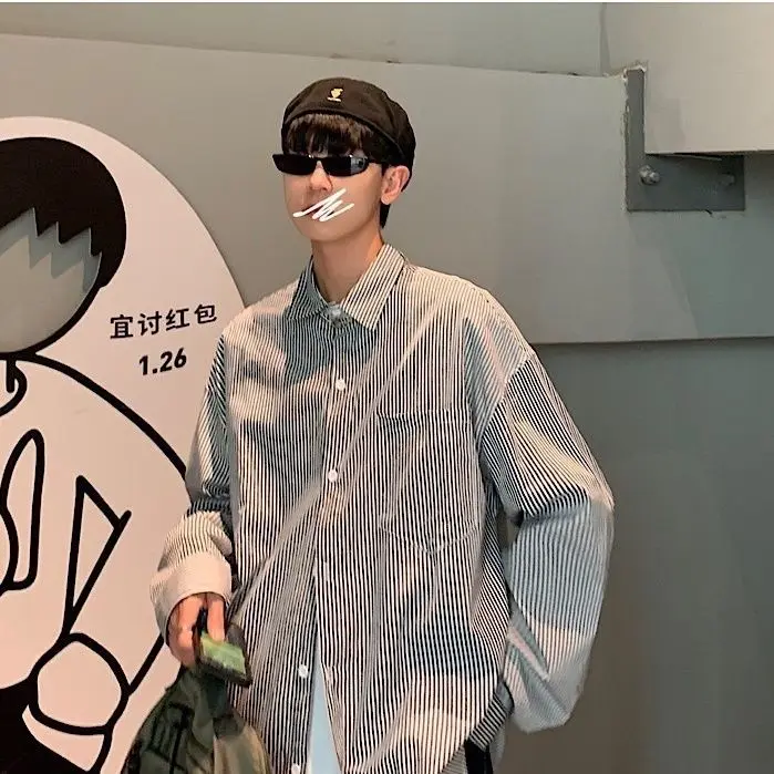 【áo sọc xanh】Áo sơ mi dài tay sọc trắng Xanh Biển Nhật Bản dành cho nam giới, áo sơ mi Hàn Quốc rộng rãi, xu hướng giản dị, áo khoác cặp đôi nữ, quần áo Trung Quốc, quần áo Xanh Biển nữ, áo sơ mi sọc 3