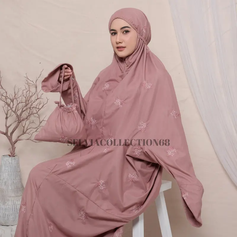 Mukena Terusan Dewasa Jumbo Bordir Bunga Melati 2in1 Katun Premium Panjang Cantik Lembut 6
