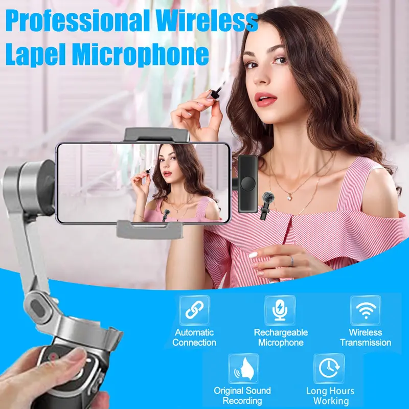 Wireless Lavalier Lapel Microphone, USB Rechargeable Omnidirectional Condenser Recording Mic for Interview Video Podcast, Professional Microphone for iPhone, iPad, Audio 6