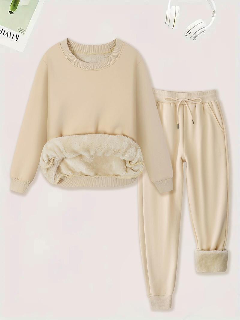 Product Introduction of Women's Plain Plush Lined Sweatshirt & Drawstring Waist Sweatpants Two-piece Set, Casual Round Neck Long Sleeve Pullover & Pocket Jogger Pants Co-ords Set, Women's  Tummy Flattering Two-piece Outfits for Winter 9