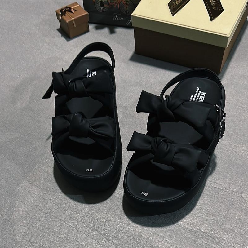 Sandal Nữ quai nơ cột đế cao 5cm da mềm êm nhẹ chân mũi tròn màu nâu/kem/đen 2
