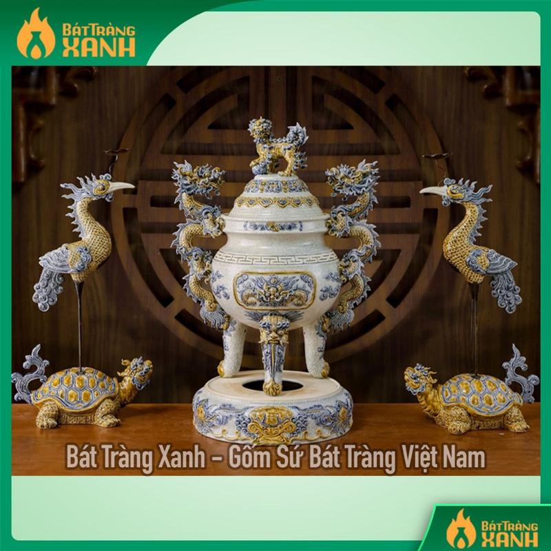 Product Introduction of Bộ Đỉnh Hạc Bát Tràng Đắp Nổi Men Rạn Cao Cấp, Bộ Tam Sự Bằng Sứ - Gốm Sứ Bát Tràng Xanh 32