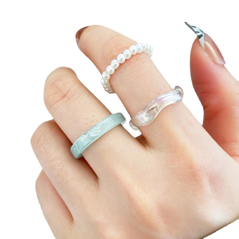 Enacolor 3Pcs/Set Fashion Resin Acrylic Circle Ring Adjust Beaded Pearl Rings for Women Girl Accessories 5