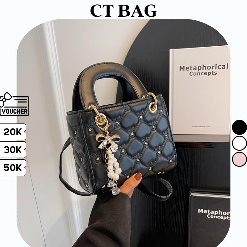 Túi xách nữ quai xách đeo chéo trần ô mix dây ngọc da PU hàng Quảng Châu cao cấp đi tiệc đi chơi sang chảnh CTBAG TX-118