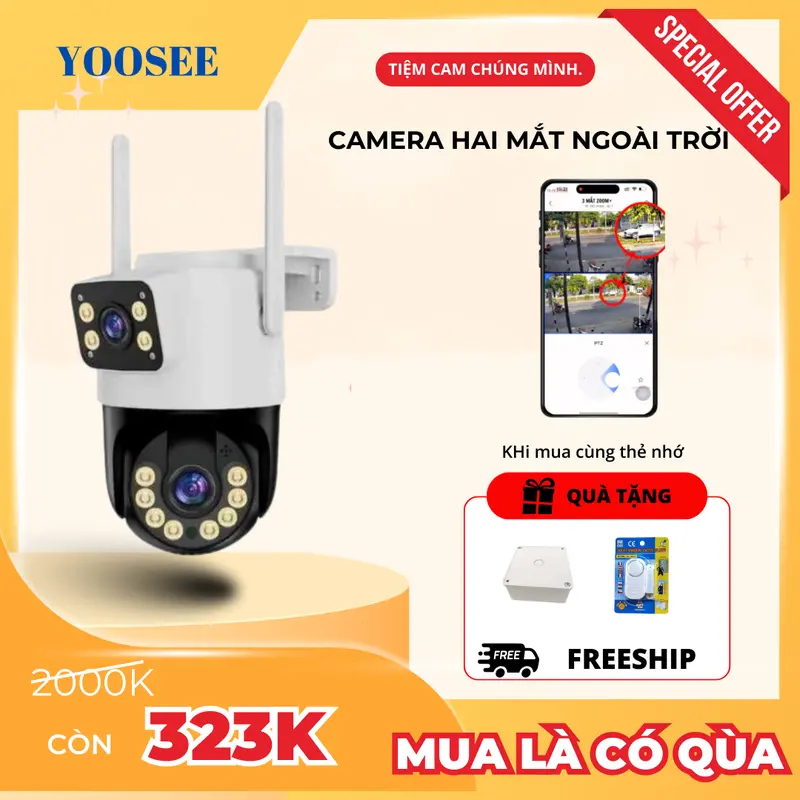 Camera hai mắt Yoosee wifi 4K hỗ trợ phóng to hình ảnh, chip xịn, có đèn báo động , xem đêm có màu, đàm thoại hai chiều, theo dõi chuyển động, cảnh báo người lạ, bảo hành 6 tháng, combo tặng thẻ 128Gb trải nghiệm. 1