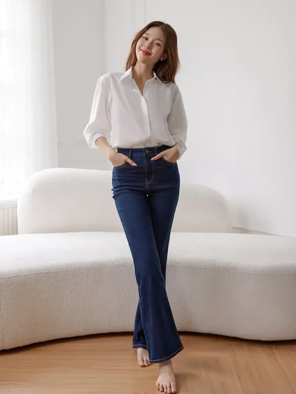 [Hashtagem] Quần Ống Loe Classy Flare Jeans Pageant Blue, Lưng Cao,Co Gĩan Màu Xanh Đậm Hiện Đại (CFJ.4) Women Pants quần  bò  ống  loe 1