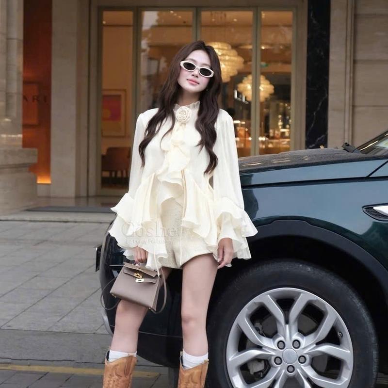 Set áo bèo phối form rộng cài hoa + quần short dạ cao cấp có thể tách rời cao cấp 4