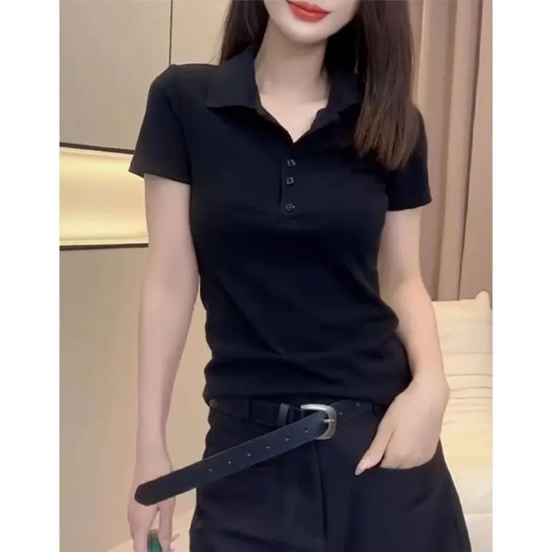 Black V-Neck Shoulder Short Sleeved T-Shirt For Women 2024 New Summer Style, Age Reducing POLO Collar T-Shirt Top