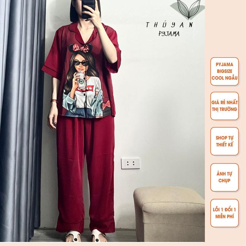 Bộ Pijama Bigsize cô gái màu đỏ cộc dài mặc nhà dành cho nữ có size từ 40kg đến 90kg