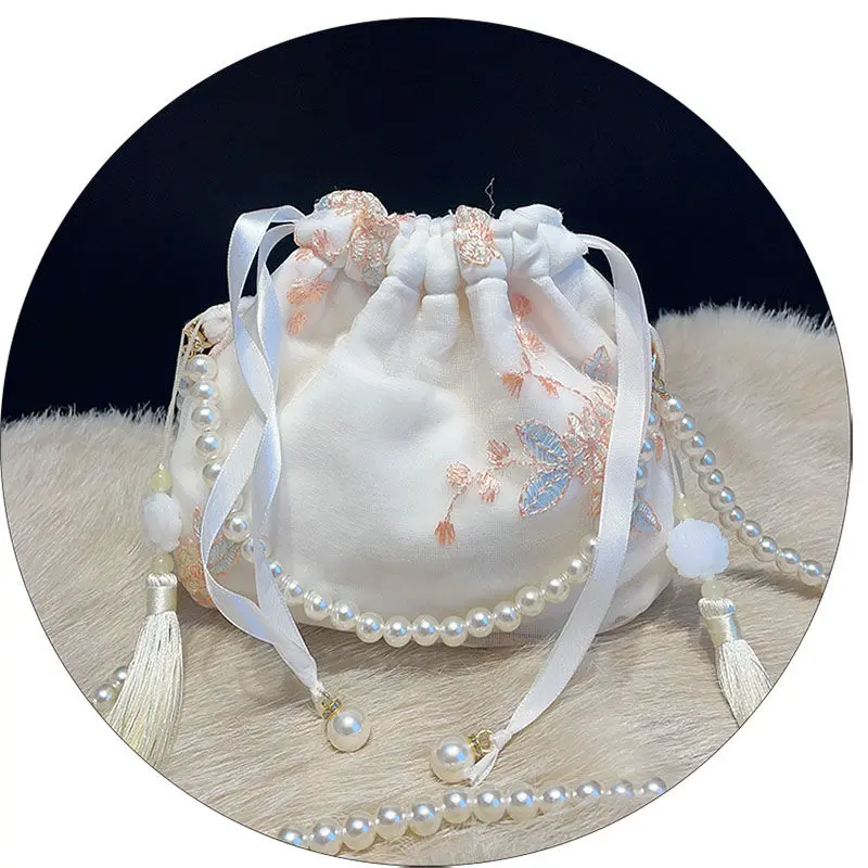 [Lacy tote bag] Embrooded Fairy Chinese Style Handbag Hanfu Clutch Bag All-Match Messenger Bag Lace Pouch Ancient Style Pearl Pouch Lace Handbag