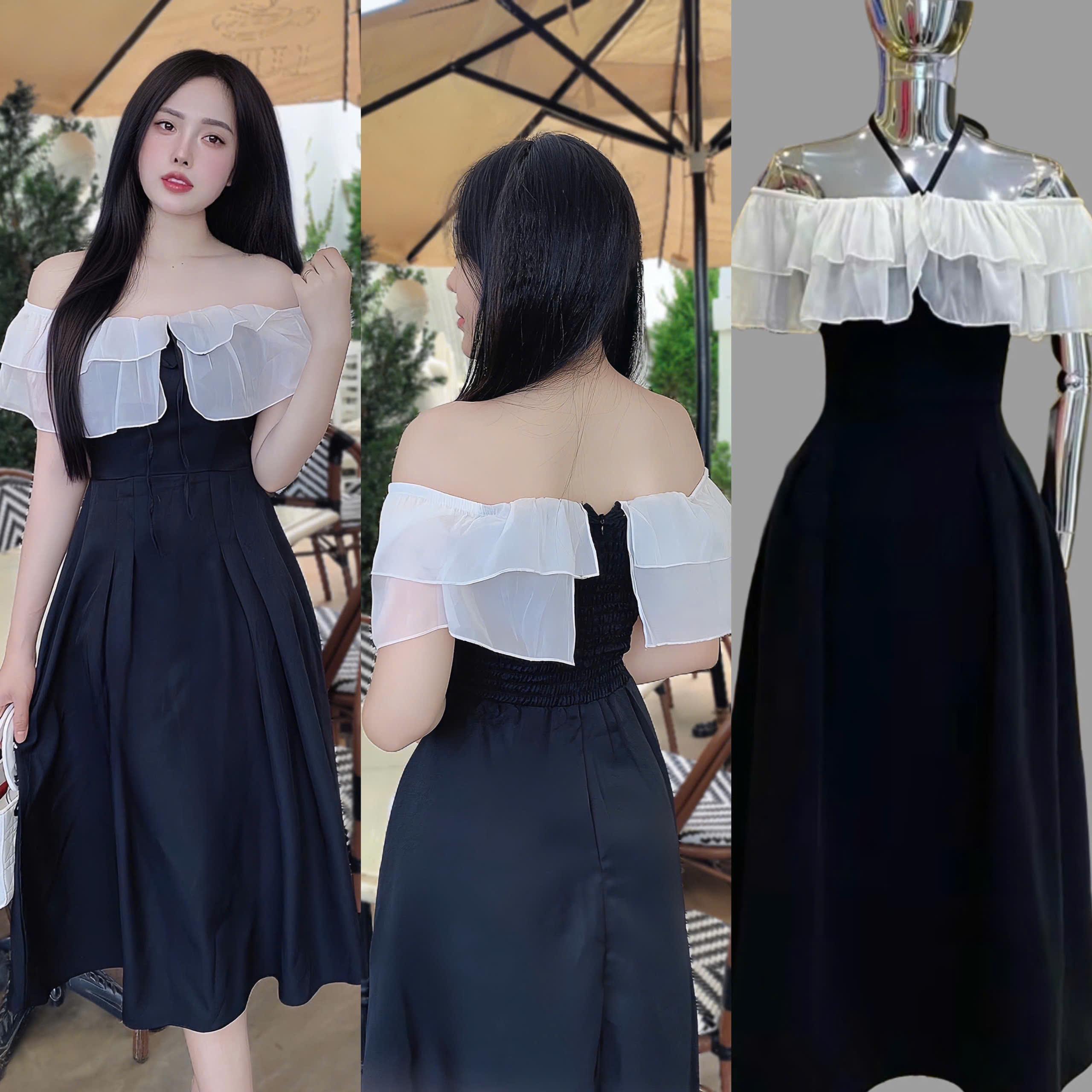 Váy Đi Tiệc Trễ Vai Nữ Phối Voan Vải Cotton Lạnh Cao Cấp Thanh lịch 40 - 95Kg - A.1377