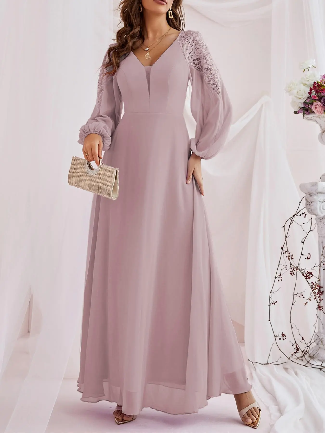 Women's Mean Girls Contrast Lace Lantern Sleeve Vneck A-line Long Dress, Chic Elegant Minimalist Chiffon Maxi Flowy Dresses for Bridesmaid Wedding Guest Party, Spring & Fall Clothes Occasional Wear