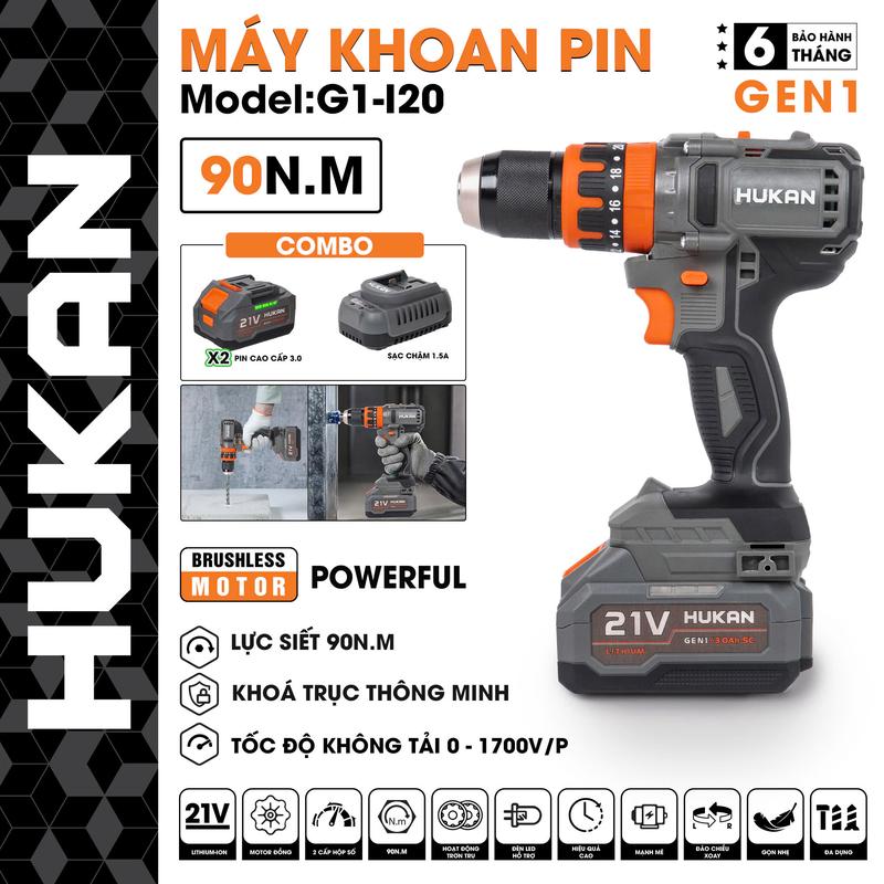 Máy khoan pin Hukan HM21-G1-I20 Lực siết 90N Không chổi than lực siết 90N đầu Autolock có khóa trục