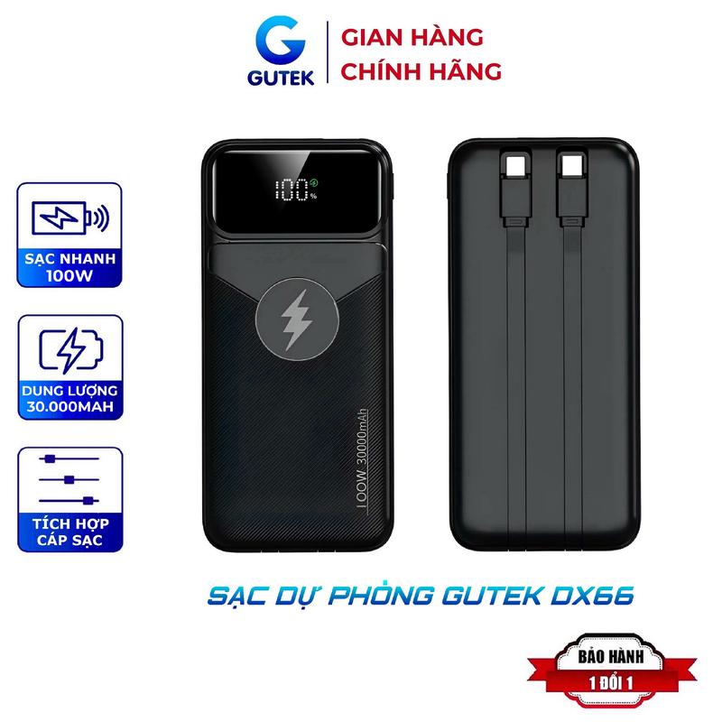 Sạc dự phòng 30000mah sạc nhanh 100w pin dung lượng lớn có sẵn dây cho nhiều điện thoại - Gutek DX66 Sạc Pin Phụ Kiện