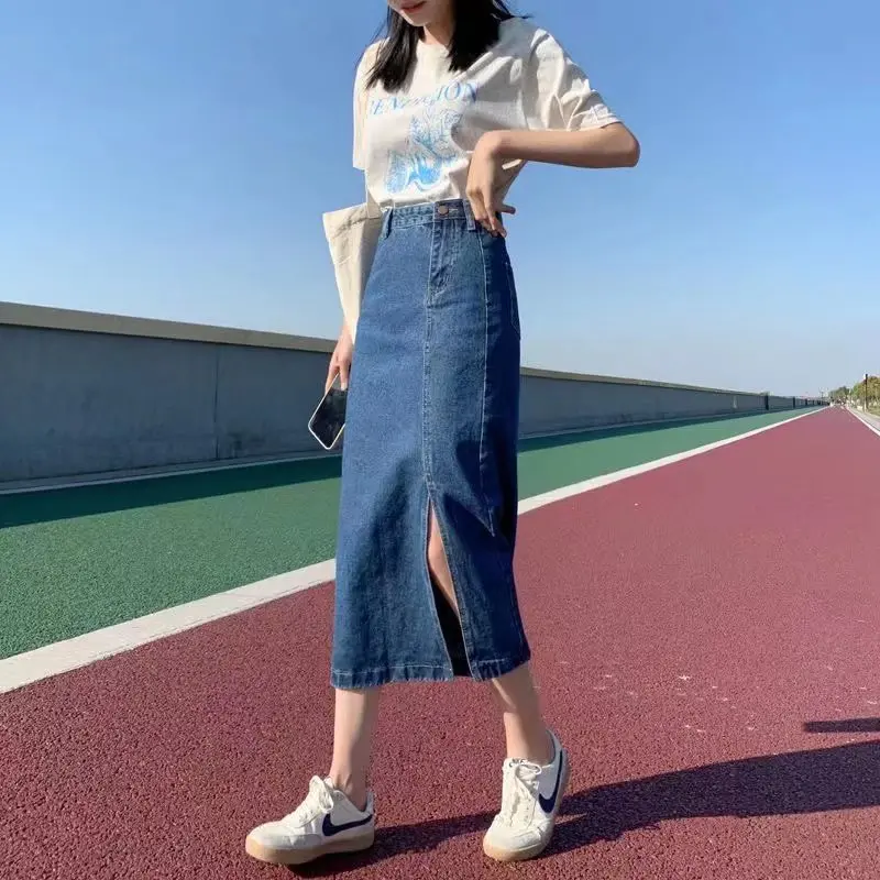 Hot girl hip high waist slim temperament medium and long fat mm retro all-match slit denim skirt large size skirt