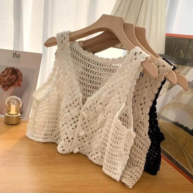 Áo Ba Lỗ Croptop Đan Áo Ba Lỗ, Thiết Kế Rỗng Phong Cách Cổ Điển, Dệt Kim Đi Biển, Cài Cúc, Áo Cardigan, Không Tay, Vải Sang Trọng Và Thường Ngày, Dành Cho Nữ 0