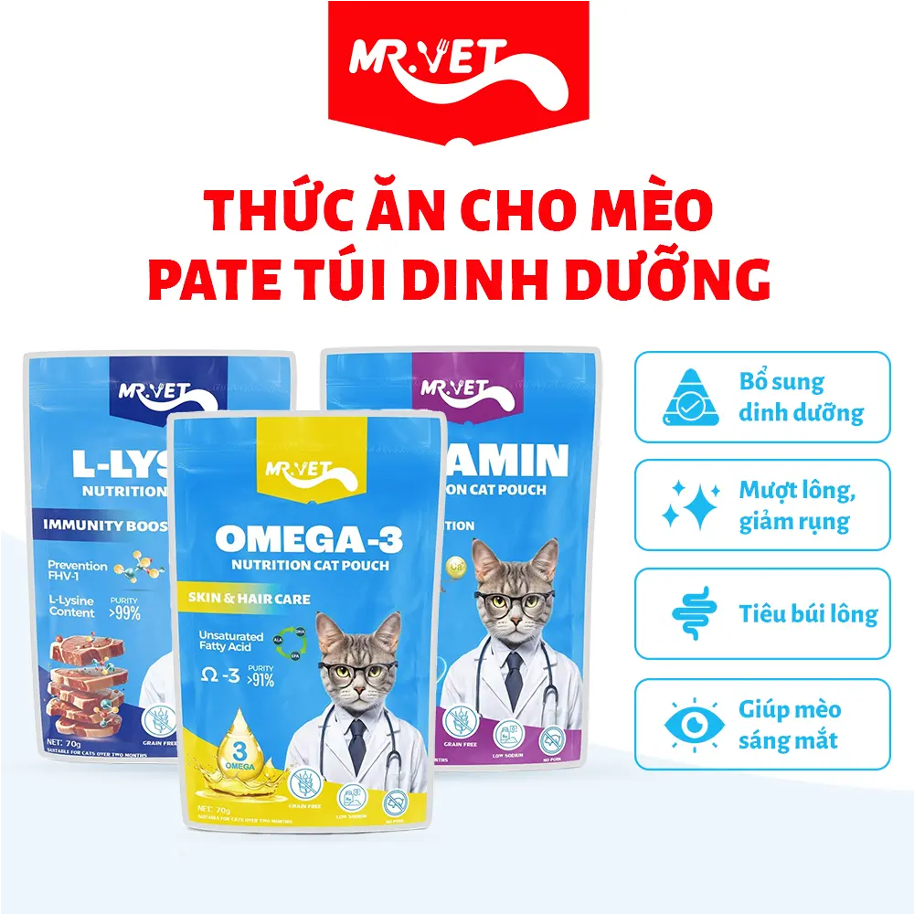 Pate cho mèo Mr.Vet thức ăn ướt bổ sung Omega 3, Vitamin, L-Lysine điều hòa tiêu hóa, tăng đề kháng